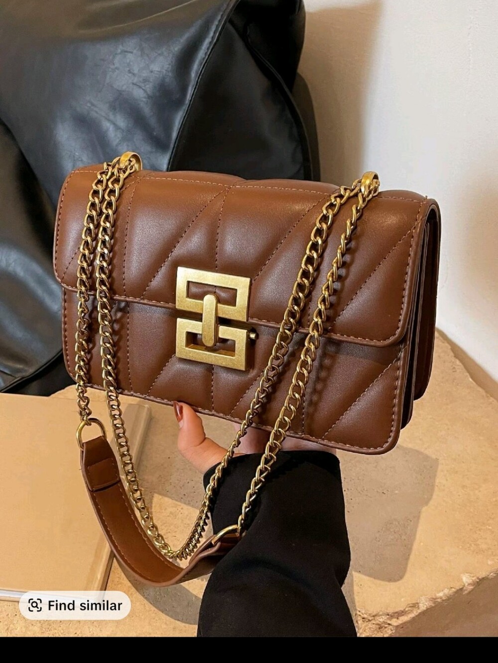 & Other Stories Quilted Brown Leather Shoulder Bag with Gold Chain